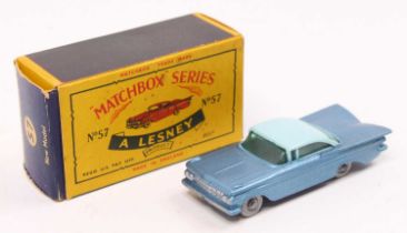 Matchbox Lesney No. 57 Chevrolet Impala, metallic blue body and pale blue roof, plastic windows,