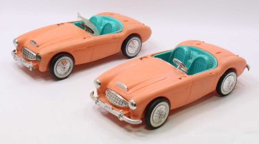 Irwin Plastics Mattel Barbie Austin Healey Sports Car, 2 examples both in salmon pink with turquoise