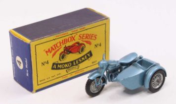 Matchbox Lesney No. 4 Triumph 110 Motorcycle and Sidecar in metallic steel blue, housed in its