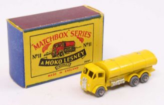 Matchbox Lesney No. 11 ERF Petrol Tanker, yellow body, with silver trim, sold in the original 'B'