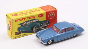 Dinky Toys No.142 Jaguar Mk10, comprising a metallic blue body with red interior and spun hubs, with