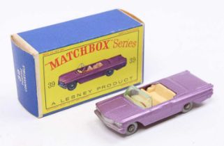 Matchbox Lesney No. 39 Pontiac Bonneville Convertible, metallic purple body, with a crimson base,