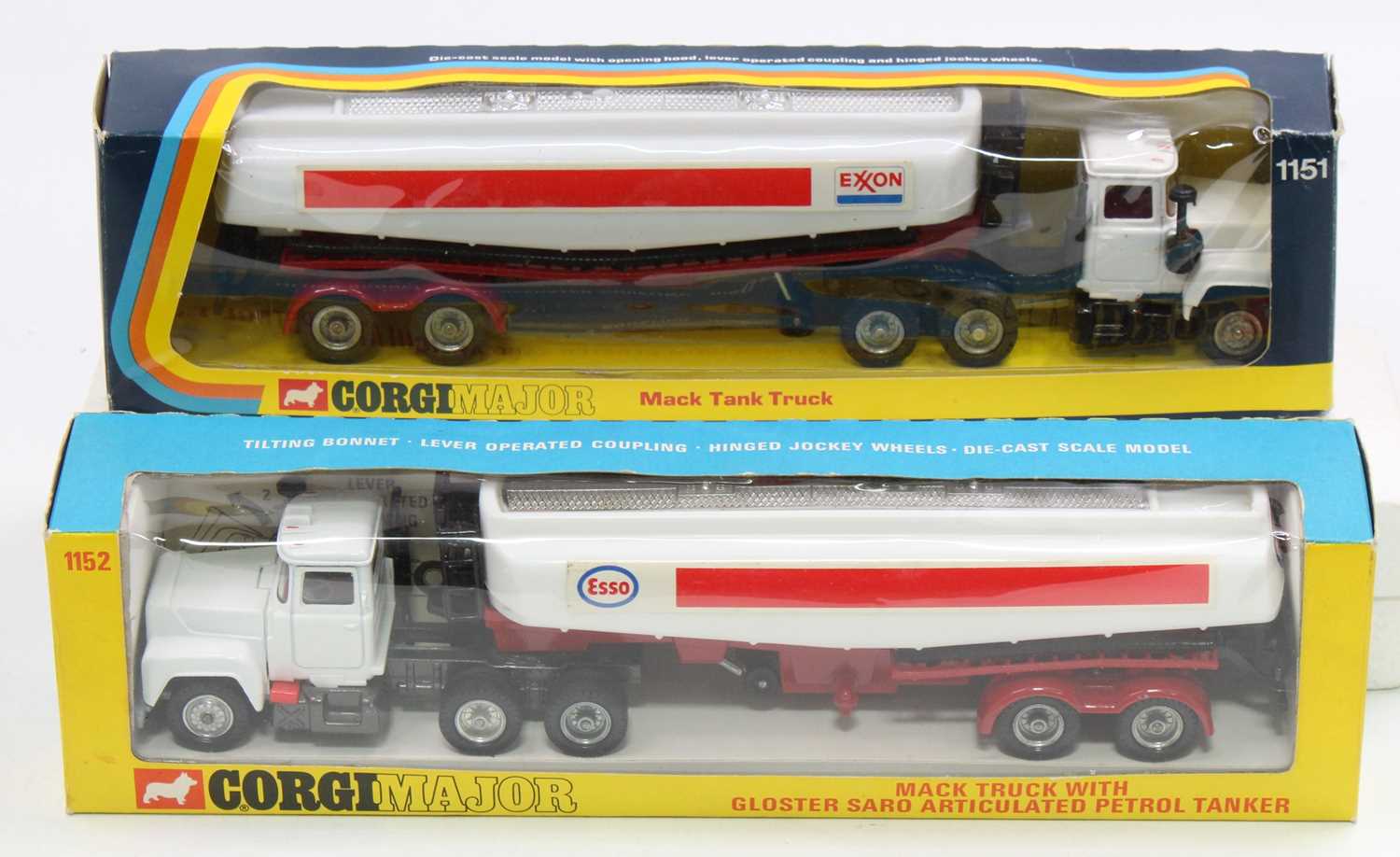 2 Corgi Toys boxed Mack Petrol Tankers comprising No. 1152 Mack Truck with articulated petrol