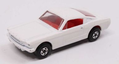 Matchbox Lesney Superfast No. 8 Ford Mustang, white body, with a red interior, and a black base, a