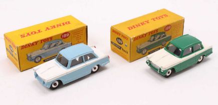 2 Dinky Toys No. 189 Triumph Herald, with the first comprising a pale blue and white body, spun