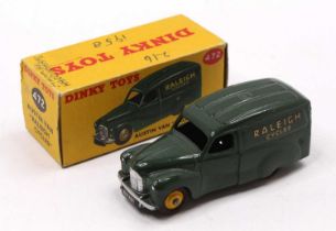 Dinky Toys No. 472 Austin 'Raleigh' Van comprising a dark green body with yellow hubs and 'Raleigh