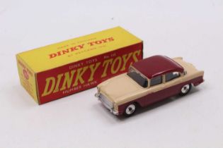 Dinky Toys No. 165 Humber Hawk, maroon lower body and roof, with light beige upper body, spun