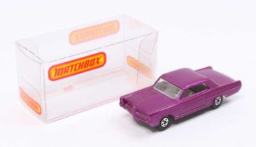 Matchbox Lesney Superfast No. 22 Pontiac GP Sports Coupe, purple body, with a grey interior, and