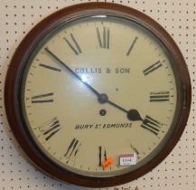 A Victorian mahogany circular wall clock, the cream painted dial titled Collis & Son, Bury St
