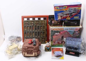 2 trays containing a selection of mixed children's toys including a Sylvanian Families Log Cabin,