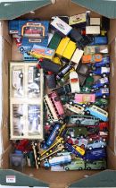A tray of mixed play-worn diecasts with examples including a Dinky Toys Double Deck Bus, a