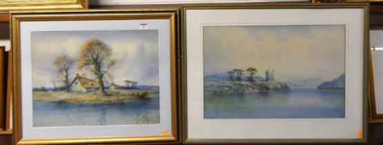 W. Baker - River landscape with figures before a thatched cottage, watercolour, signed and dated