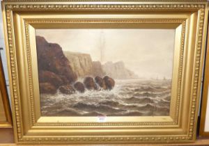 S Skelton - Waves crashing on the rocks, oil on panel signed and dated lower right 1925, 30x46cm