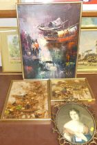 Reproduction portrait print in gilt metal frame, far eastern pallet knife oil, and two eastern