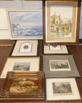 Assorted pictures and prints, principally being topographical engravings - The Haycart, oil on card,