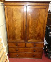 A circa 1830 mahogany linenpress, the upper double doors enclosing linen slides, over base with