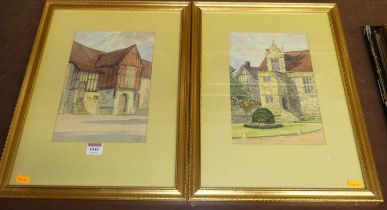 O Waite, a timber town hall and a stone built house, pair, watercolours, each signed lower right,