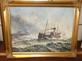 Joe Crowfoot, (1946-2017), Ship approching harbour in choppy seas, oil on canvas, signed lower left,