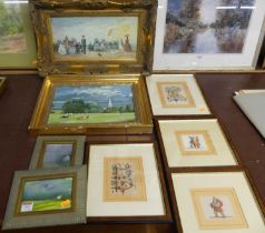 Assorted pictures and prints, to include JA Pryor - Landscape with cattle grazing, oil on canvas,