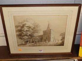 Early 19th century English school - figures before a church, sepia watercolour heightened in