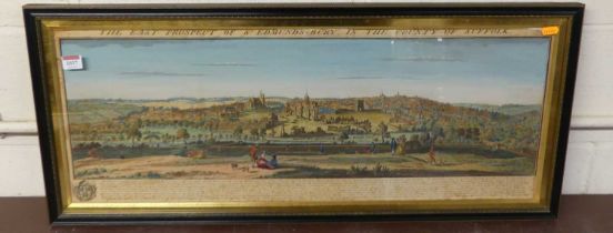 The East Prospect of St Edmunds-bury in the County of Suffolk, later hand coloured engraving,