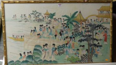 20th century Japanese school - The garden party, watercolour on silk, 59 x 100cm Some rippling to