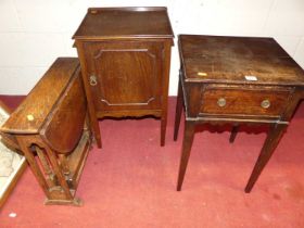 19th century fruitwood single drawer small side table, small oak gateleg occasional table, and an