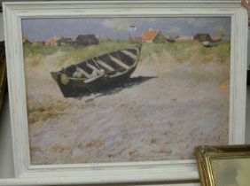 Oscar Bjorck (Swedish 1860-1929) - Rowing boat on the beach in summer, print on canvas, 78 x 110cm