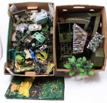 2 trays containing a collection of military plastic toy soldiers, associated vehicles,and scenery