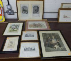 Assorted pictures and prints to include colour topographical engravings, Cries of London mezzotint