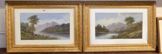 Circa 1900 British school, pair mountain lake scenes, gouache, each 25x44cm