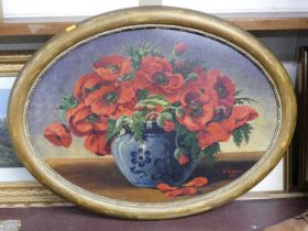 C. Geissler - Still life with flowers in a stoneware vase, oil on canvas board, framed as an oval,