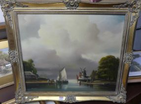 A. Beardsley - Dutch river landscape with barges and windmill, oil on canvas, signed lower left,