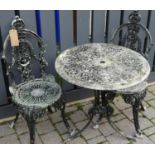 A painted and pierced galvanised metal tea-for-two set, comprising a circular table, dia.68cm, and a