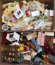 2 boxes containing a large quantity of dolls house furniture and accessories including a bookcase, a