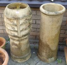 Two painted terracotta cylindrical chimney tops, one with vented upper section, each h.78cm