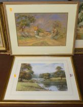 T Leighton - River landscape pastel, signed lower left, 26x35cm, and Winifred Mendham - An Essex