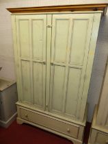 A contemporary pained pine double door wardrobe, with single long lower drawer, in the rustic taste,