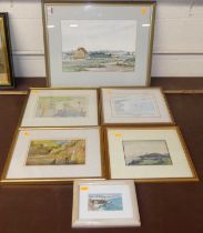 Assorted contemporary watercolours to include beach scenes, together with some prints (6)