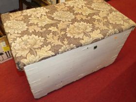 A 19th century and later white painted pine and metal bound, further floral tapestry topped,