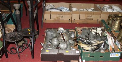 Two boxes of pewter ware, mainly being tea sets and tankards