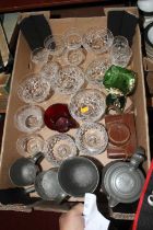 A box of mixed glassware and metalware to include a set of five cut glass champagne coupes, a