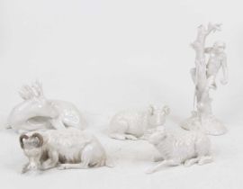 A Nymphenburg blanc-de-chine model of a recumbent roe deer, having printed mark verso and