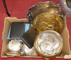 A group of metal ware to include; a copper jardiniere with lion mask handles, standing on paw