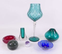 A collection of glassware to include a turquoise oversized wine glass, height 36cm, together with