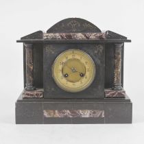A late Victorian black slate and veined marble cased mantel clock of architectural form having an