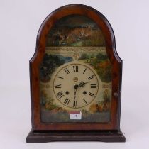 A reproduction burr walnut cased mantel clock, the printed paper dial decorated with wild animals,