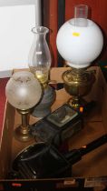 A box of miscellaneous items to include brass pedestal oil lamp with opalescent globular shade,