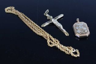 A modern 9ct gold crucifix pendant, h.45mm; together with a 9ct gold ropetwist necklace; and a 9ct