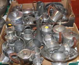 Two boxes of miscellaneous pewter wares to include Tudric pewter four piece tea/coffee service